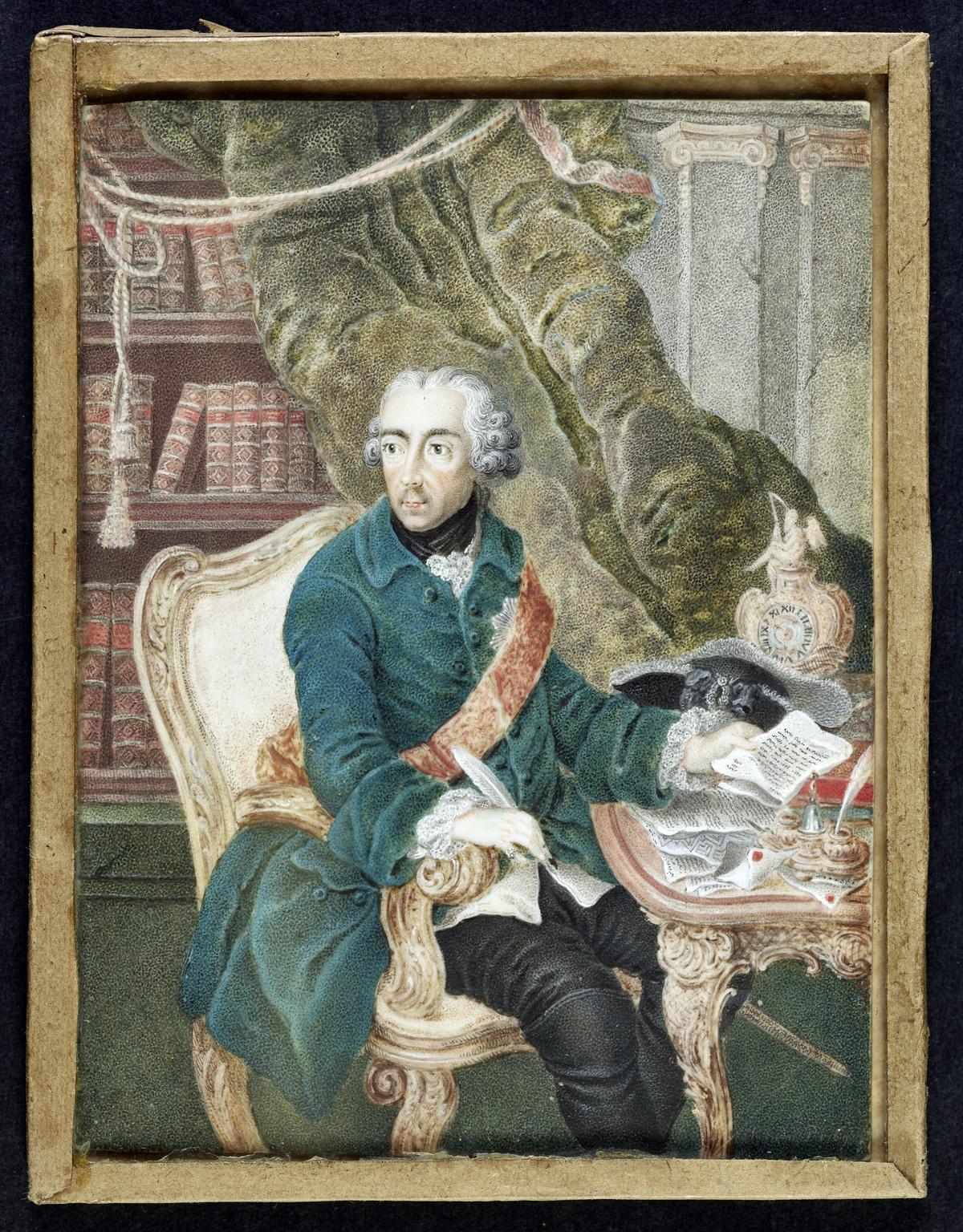 Gemälde: Friedrich II. von Preußen sitzt an seinem Schreibtisch