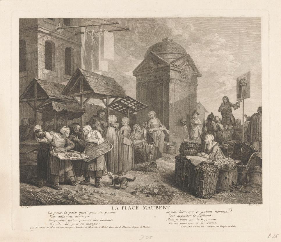 Kupferstich auf dem man verschiedene Personen auf einem Marktplatz sieht